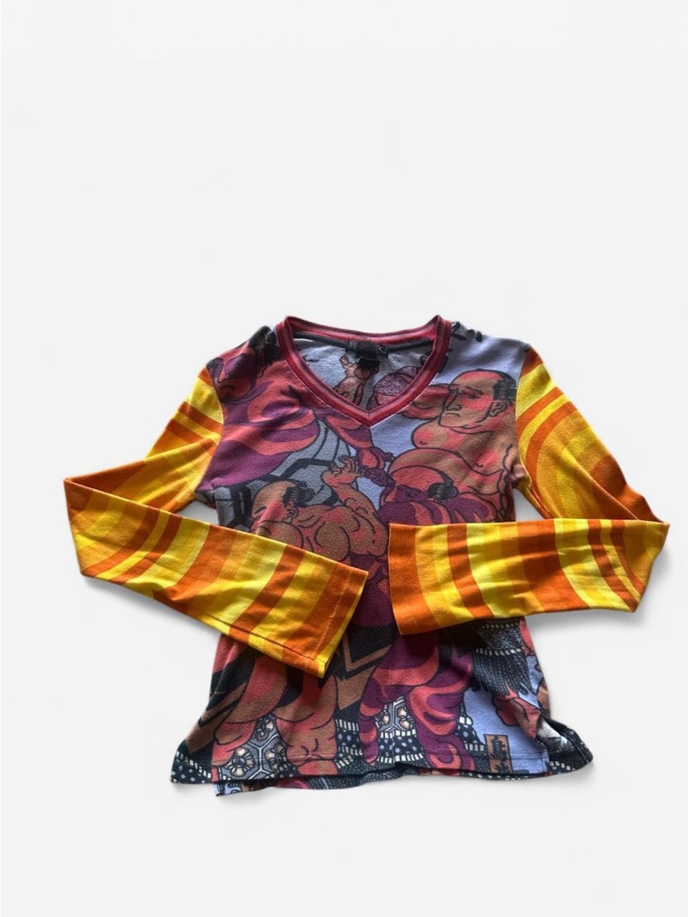 Graphic V-Neck  Long Sleeve Shirt in Yellow & Orange